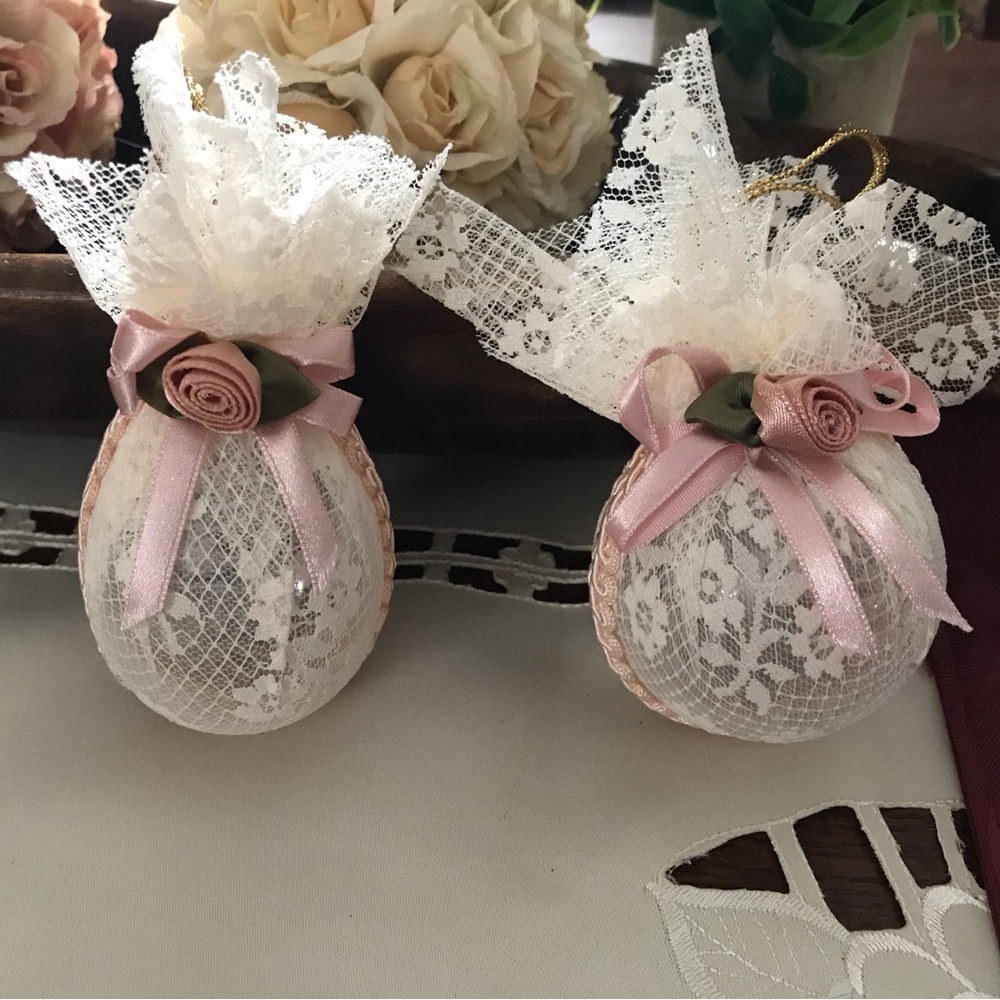 Hand Made (2) Victorian Rose/Cream Ribbon& Lace Christmas Ornaments
